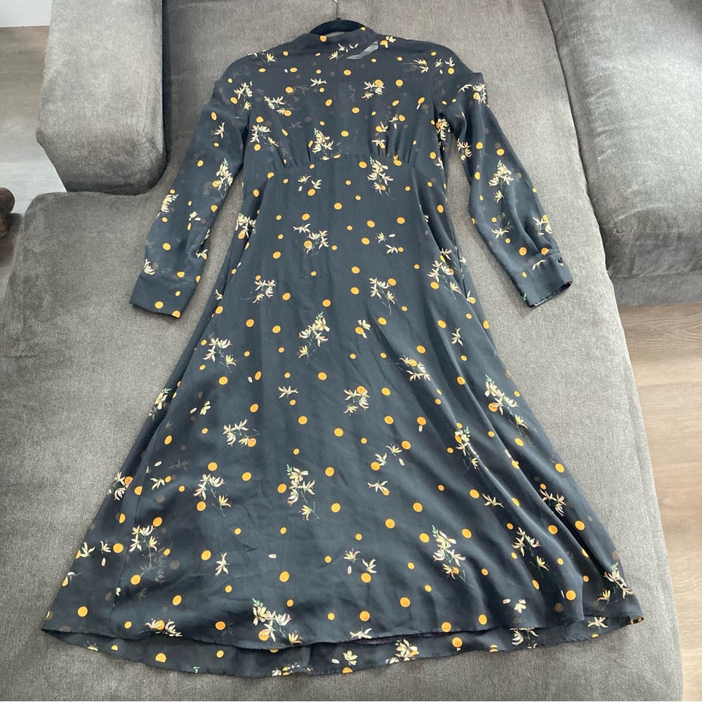 ZARA Sheer Top Black Floral Orange Gold Polka Dot Midi Dress S